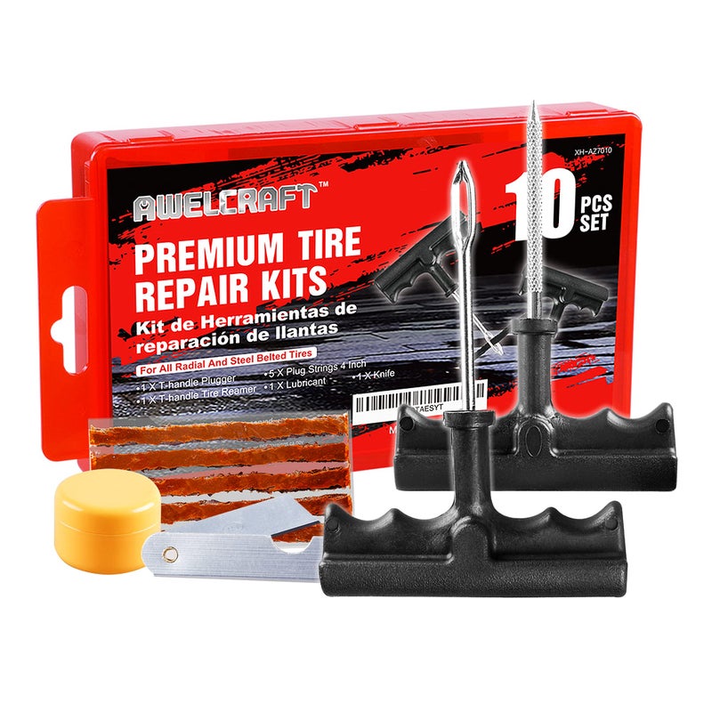 AWELCRAFT Economical Tire Repair Kit to Fix Punctures and Plug Flats  10-Piece Value Pack  Ideal for Cars  Trucks  Motorcycles  ATV  with Storage case